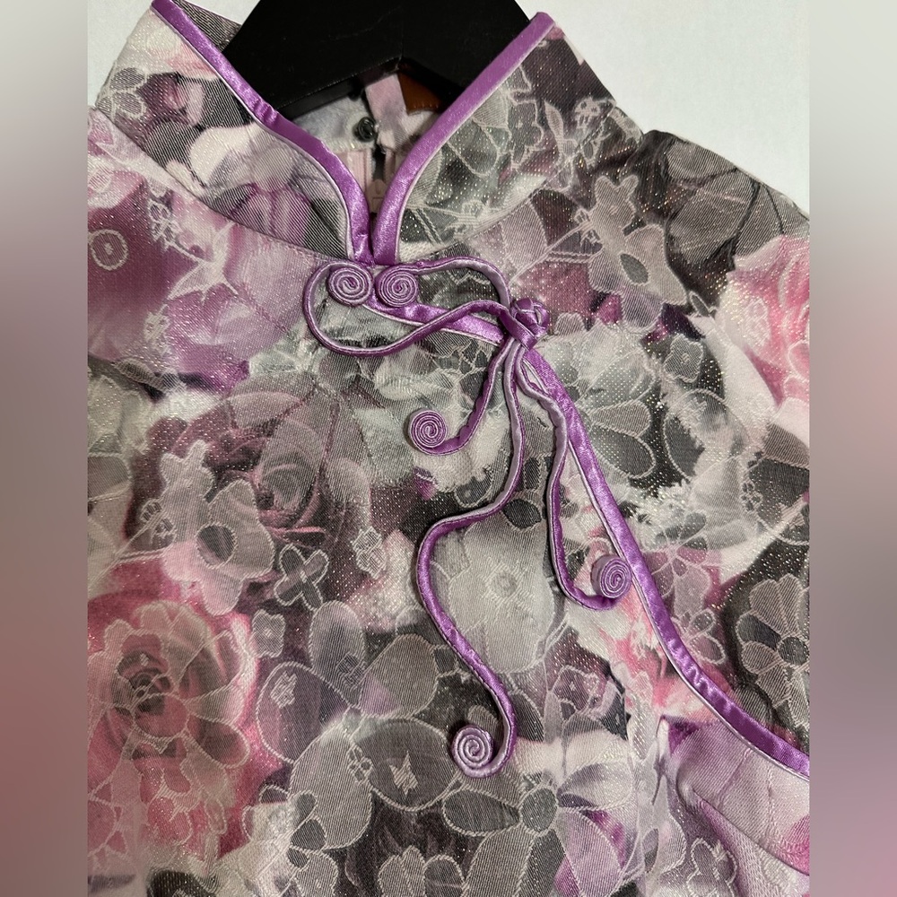 Peve Pink & Gray Floral Cheongsam Qipao Brocade Dress Size Small Vintage - Picture 3 of 9